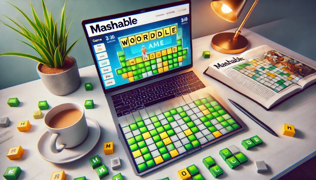 A Wordle game in progress with hints and Mashable-inspired elements, showcasing puzzle-solving in an engaging setup.