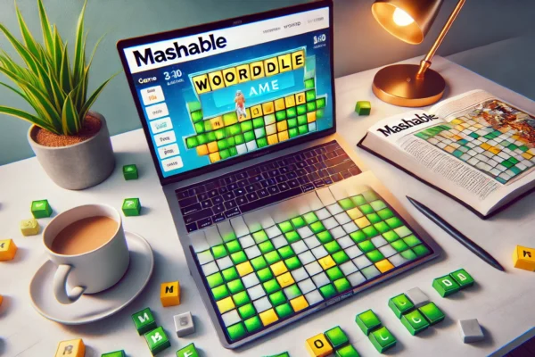 A Wordle game in progress with hints and Mashable-inspired elements, showcasing puzzle-solving in an engaging setup.