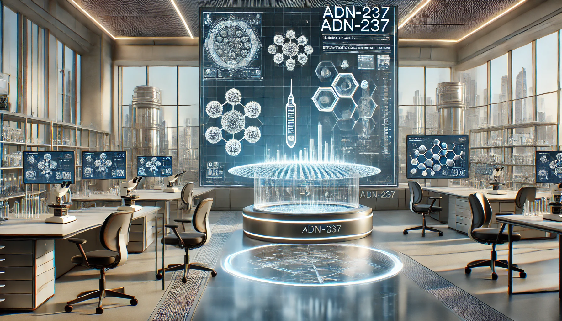 A modern lab scene with molecular structures representing ADN-237, emphasizing biotech innovation.