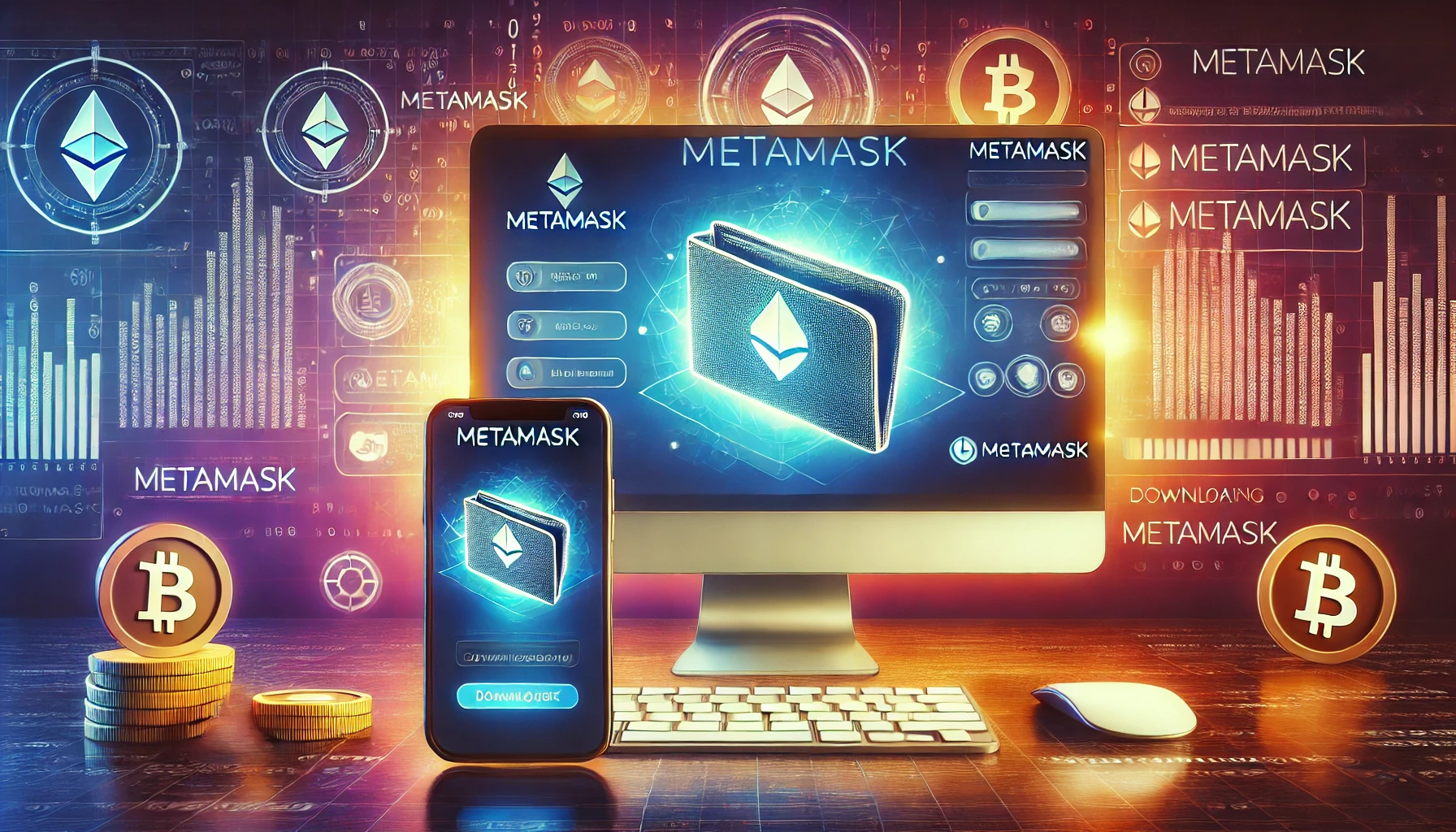 A computer and smartphone displaying the MetaMask interface, symbolizing secure cryptocurrency management.