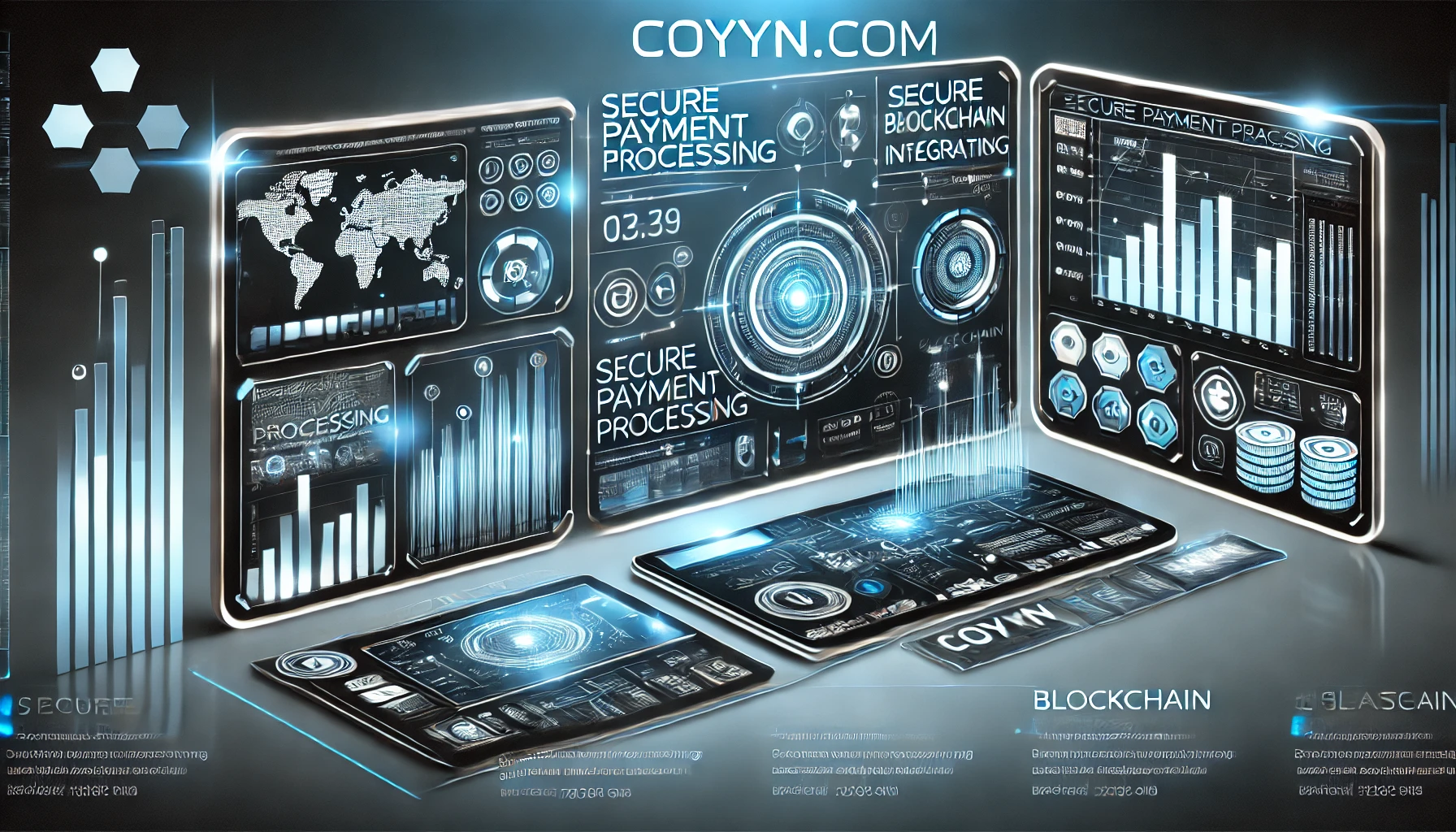 A sleek interface of Coyyn.com showcasing digital payments and blockchain technology.