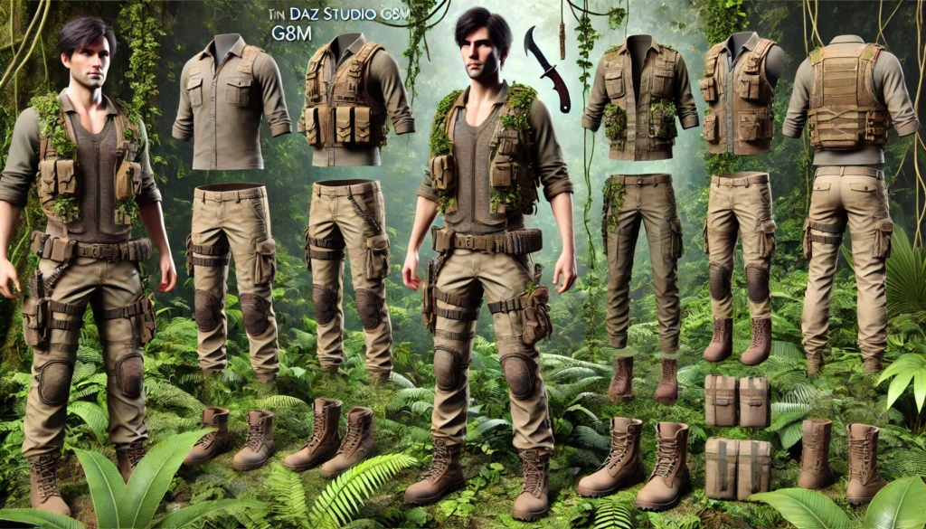 Discover Daz Studio G8M jungle clothes​, perfect for creating rugged, adventurous 3D character designs and scenes.